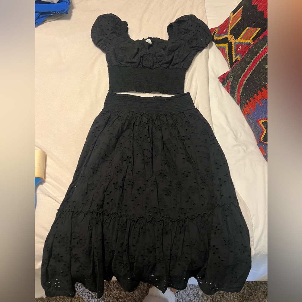 Black Puff Sleeve Crop Top and Skirt Set